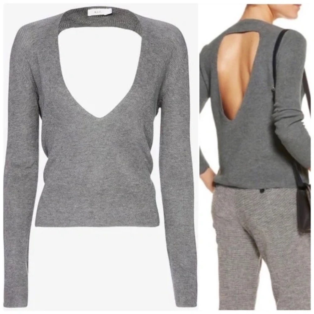 A.L.C. Ribbed Open Back V-Neck Sweater Gray S